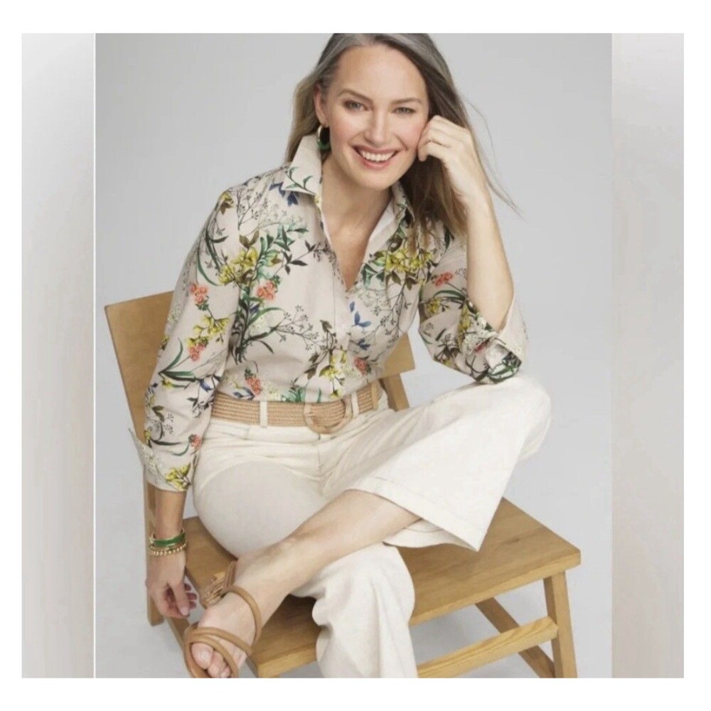 Chico's Size 4 No Iron Blooming Wildflower 3/4 Sleeve Oatmeal Blouse / Top - EUC